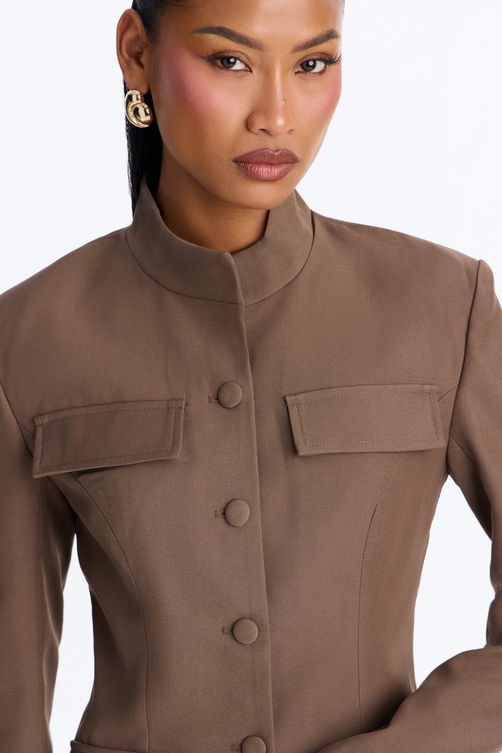 Melt Into You Stand Collar Button Front Blazer - Caffe