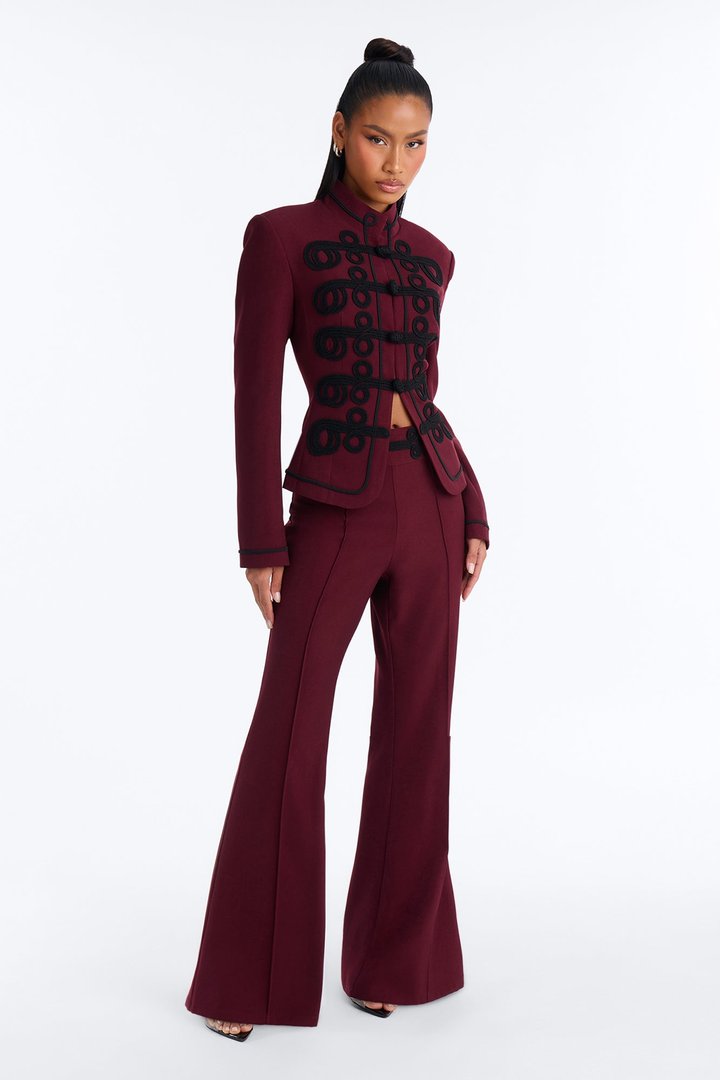 Lexie High Rise Contrast Frogging Trim Flared Trouser - Burgundy