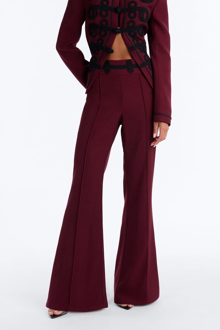 Lexie High Rise Contrast Frogging Trim Flared Trouser - Burgundy