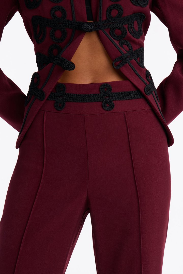 Lexie High Rise Contrast Frogging Trim Flared Trouser - Burgundy