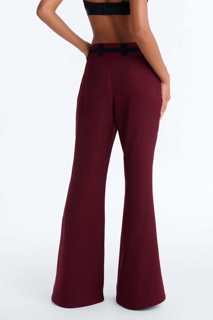 Lexie High Rise Contrast Frogging Trim Flared Trouser - Burgundy