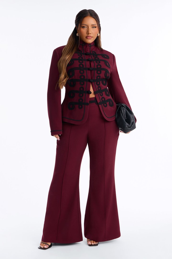 Lexie High Rise Contrast Frogging Trim Flared Trouser - Burgundy