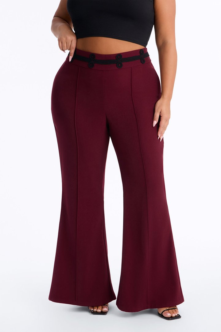 Lexie High Rise Contrast Frogging Trim Flared Trouser - Burgundy