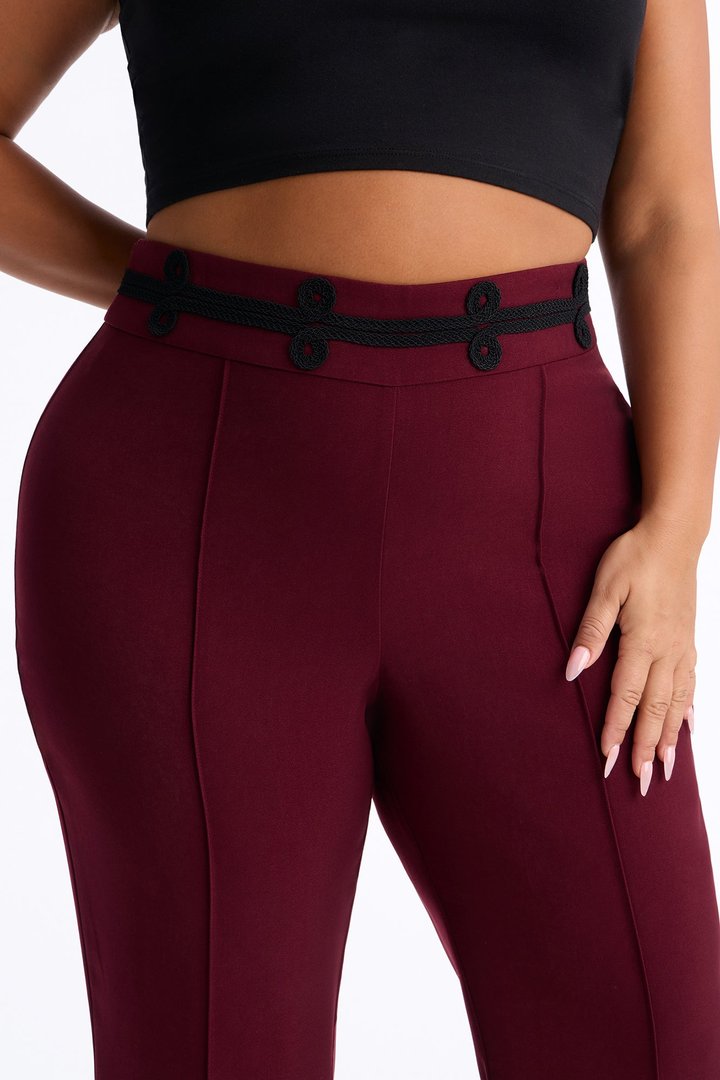 Lexie High Rise Contrast Frogging Trim Flared Trouser - Burgundy