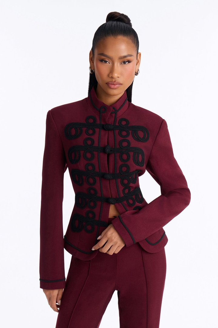 Lexie Single Breasted Contrast Frogging Trim Blazer - Burgundy