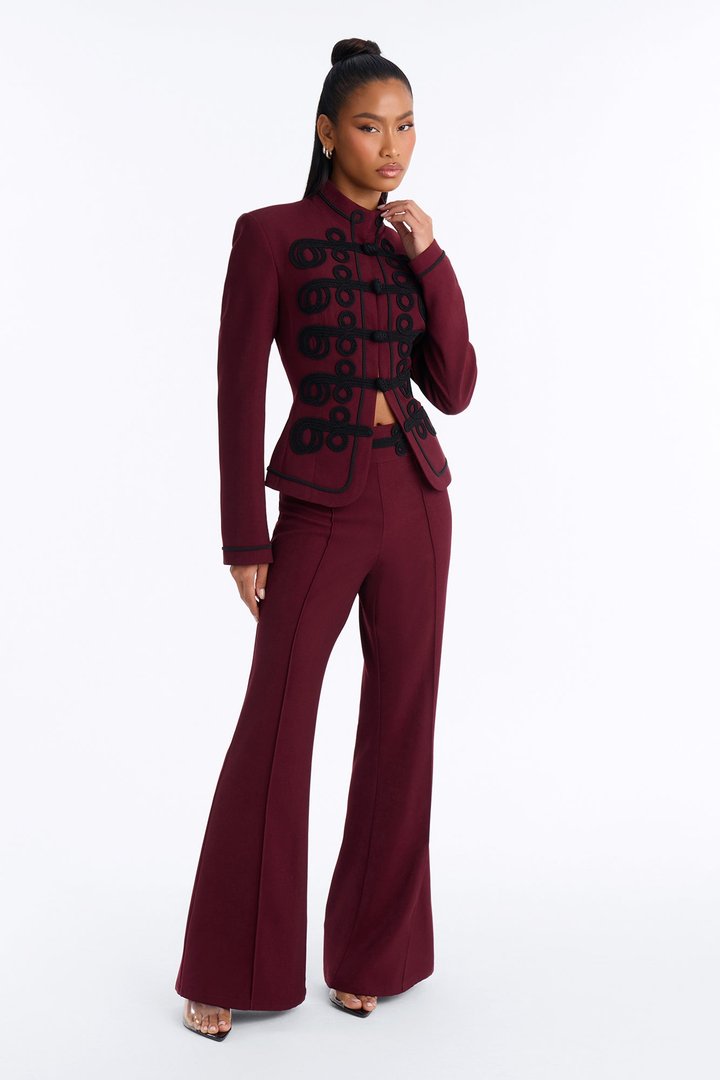 Lexie Single Breasted Contrast Frogging Trim Blazer - Burgundy