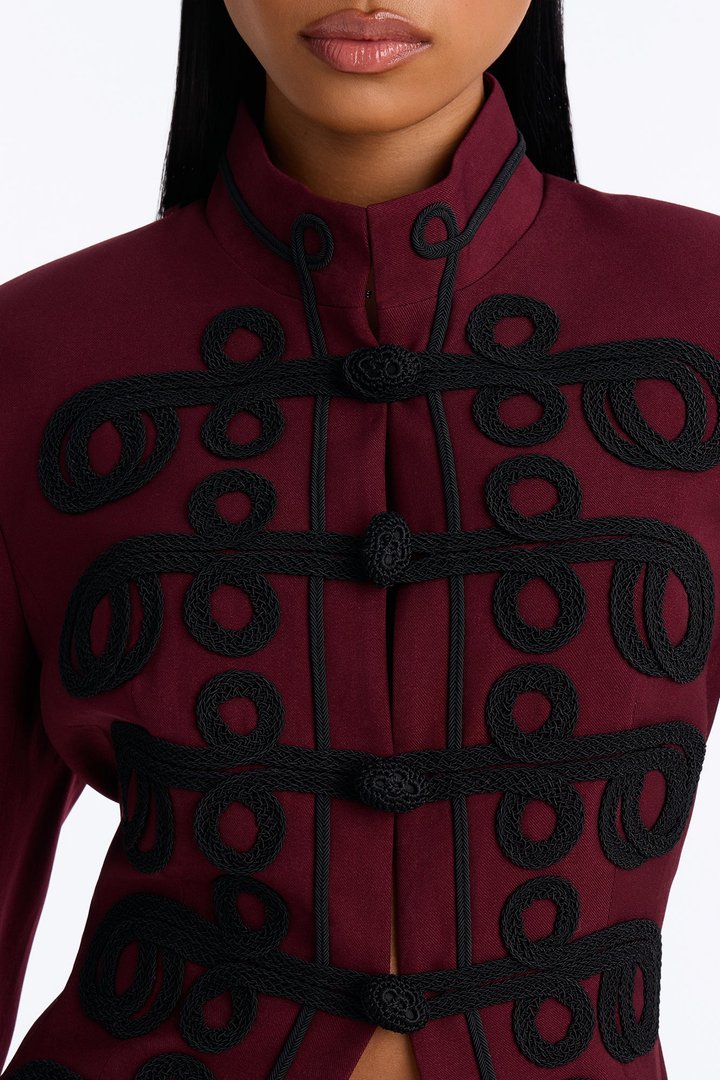 Lexie Single Breasted Contrast Frogging Trim Blazer - Burgundy