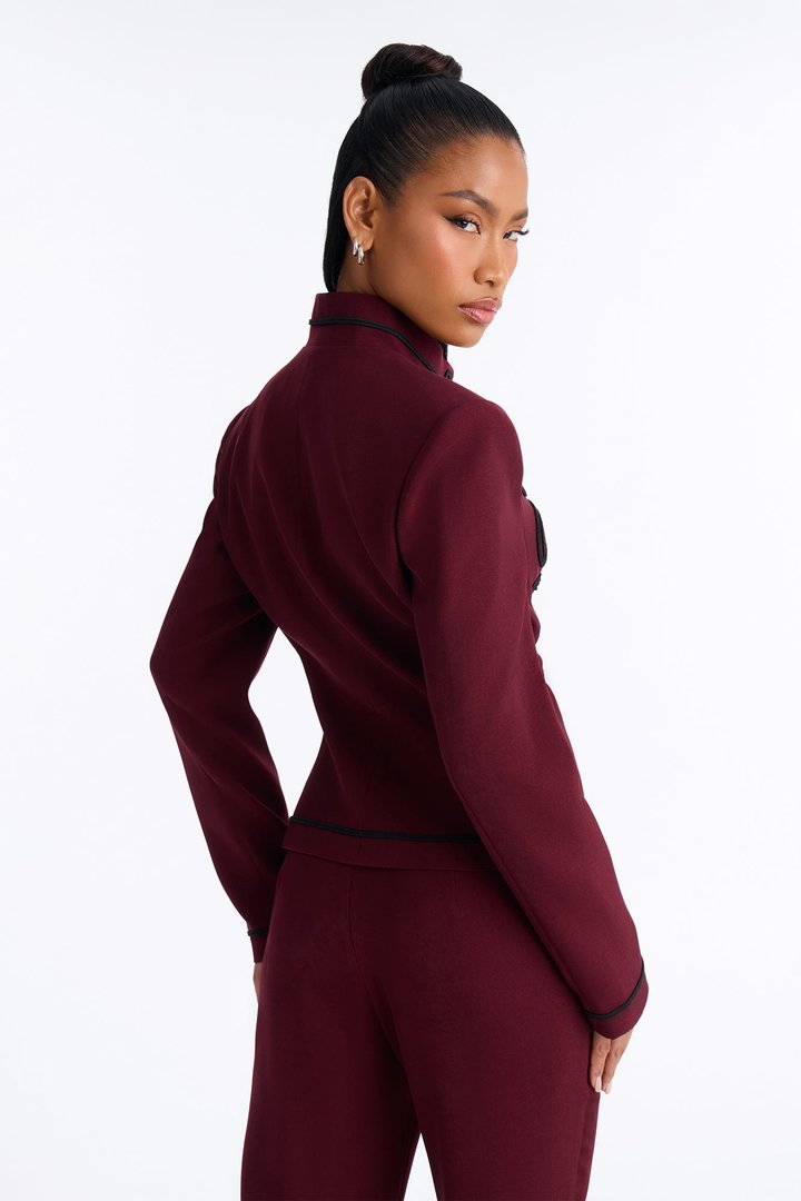 Lexie Single Breasted Contrast Frogging Trim Blazer - Burgundy