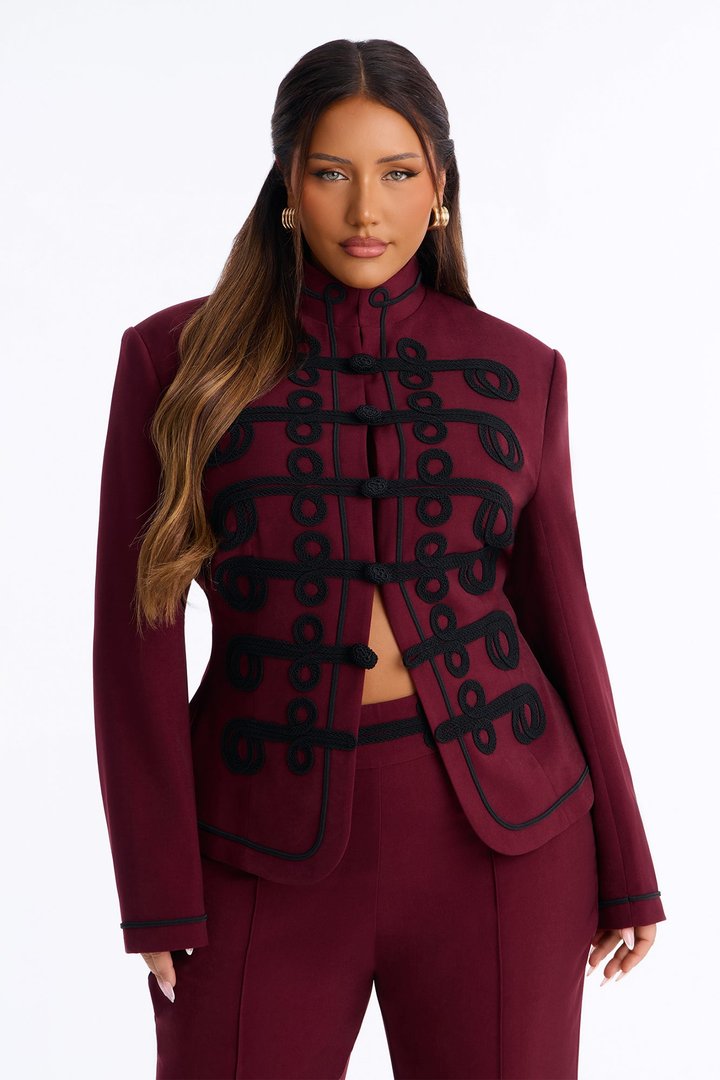 Lexie Single Breasted Contrast Frogging Trim Blazer - Burgundy
