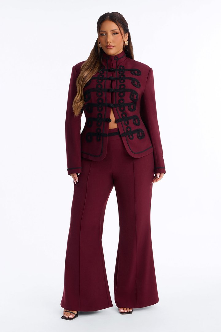 Lexie Single Breasted Contrast Frogging Trim Blazer - Burgundy