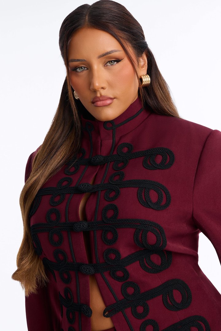 Lexie Single Breasted Contrast Frogging Trim Blazer - Burgundy