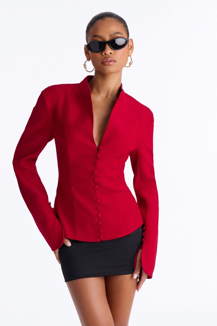 Carla Collarless Button Front Exaggerated Cuff Blazer - DarkRed