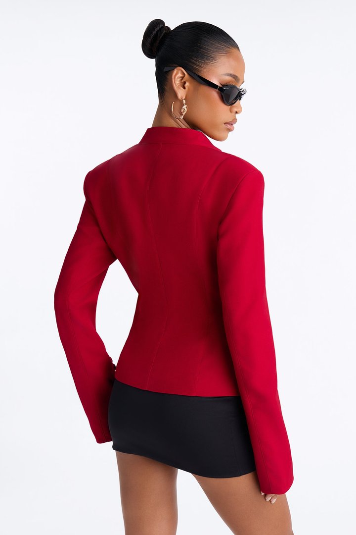 Carla Collarless Button Front Exaggerated Cuff Blazer - DarkRed