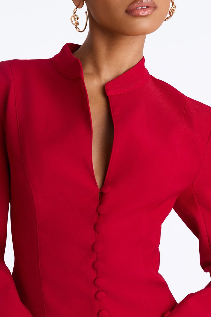 Carla Collarless Button Front Exaggerated Cuff Blazer - DarkRed
