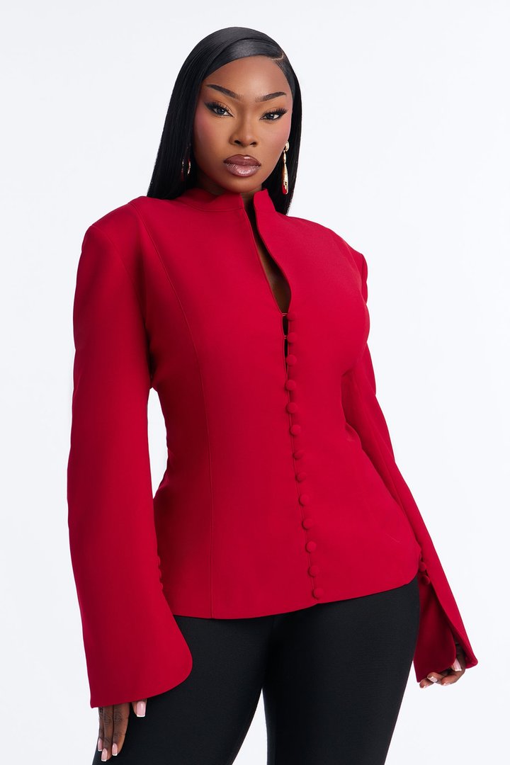 Carla Collarless Button Front Exaggerated Cuff Blazer - DarkRed