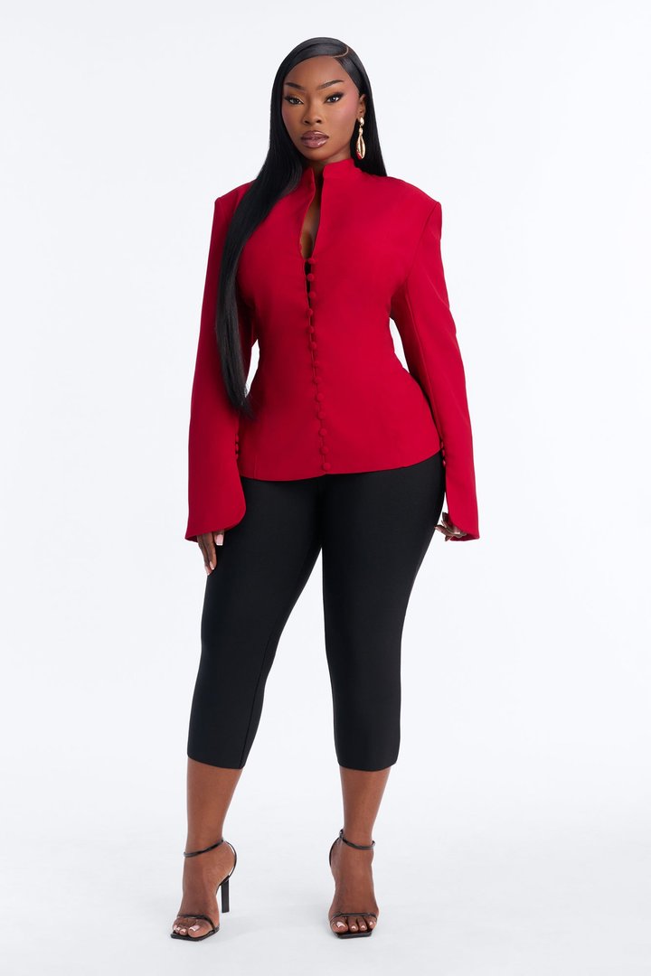 Carla Collarless Button Front Exaggerated Cuff Blazer - DarkRed