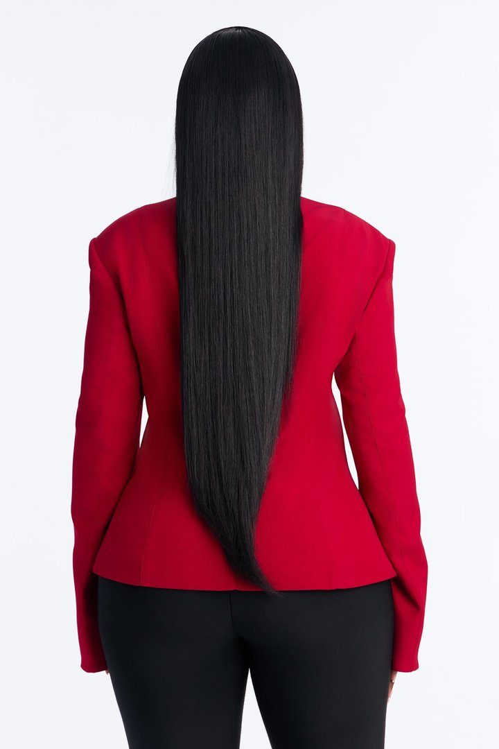 Carla Collarless Button Front Exaggerated Cuff Blazer - DarkRed