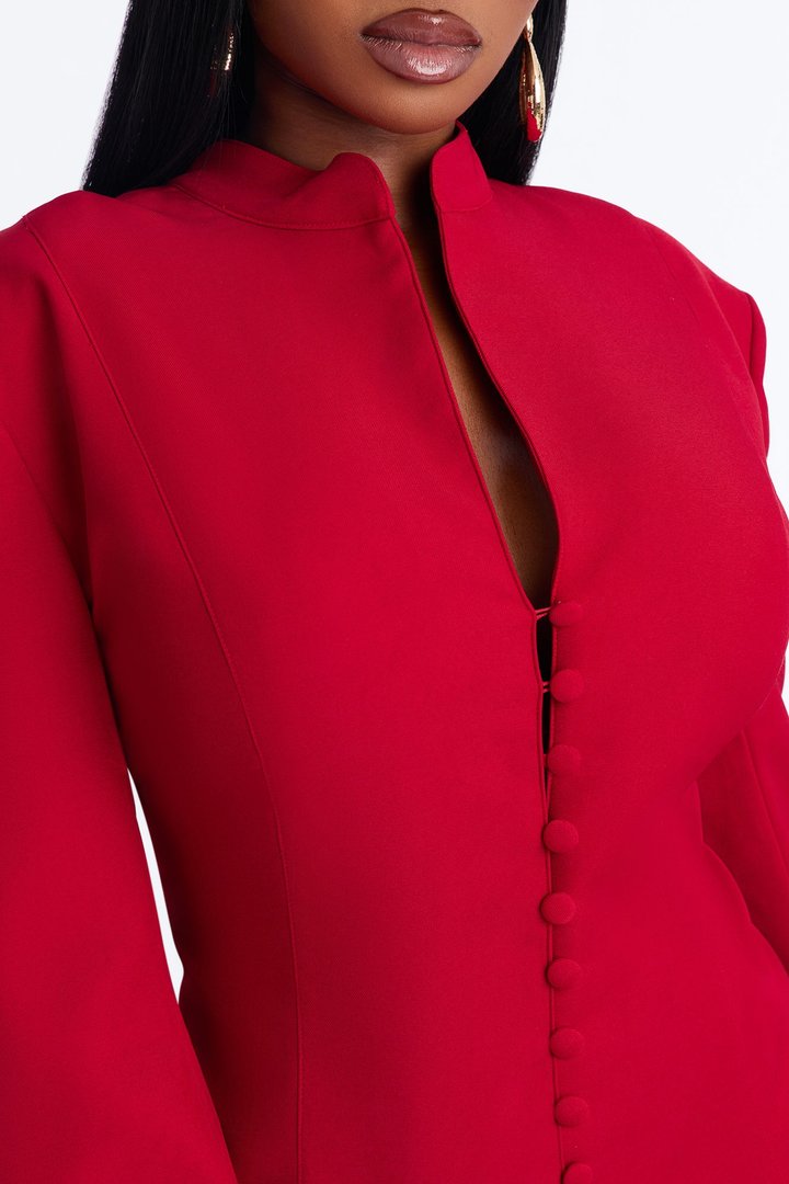Carla Collarless Button Front Exaggerated Cuff Blazer - DarkRed