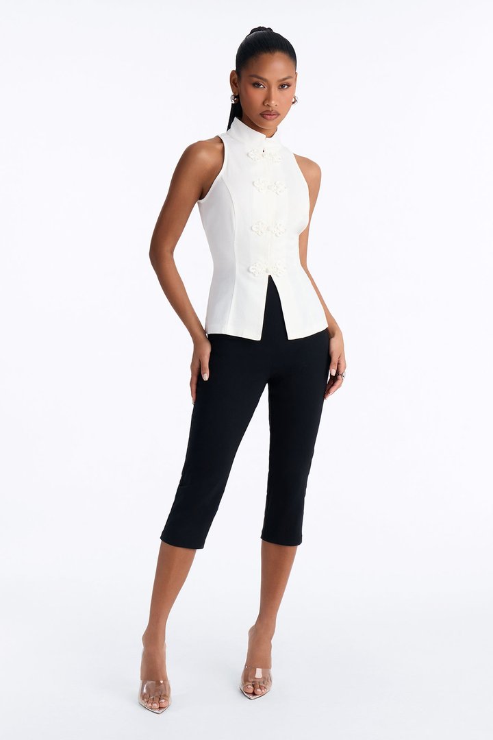 Lily Mock Neck Linen Blouse - White