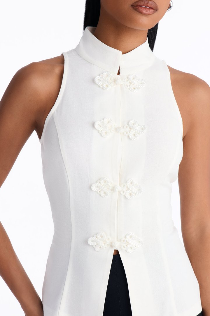 Lily Mock Neck Linen Blouse - White