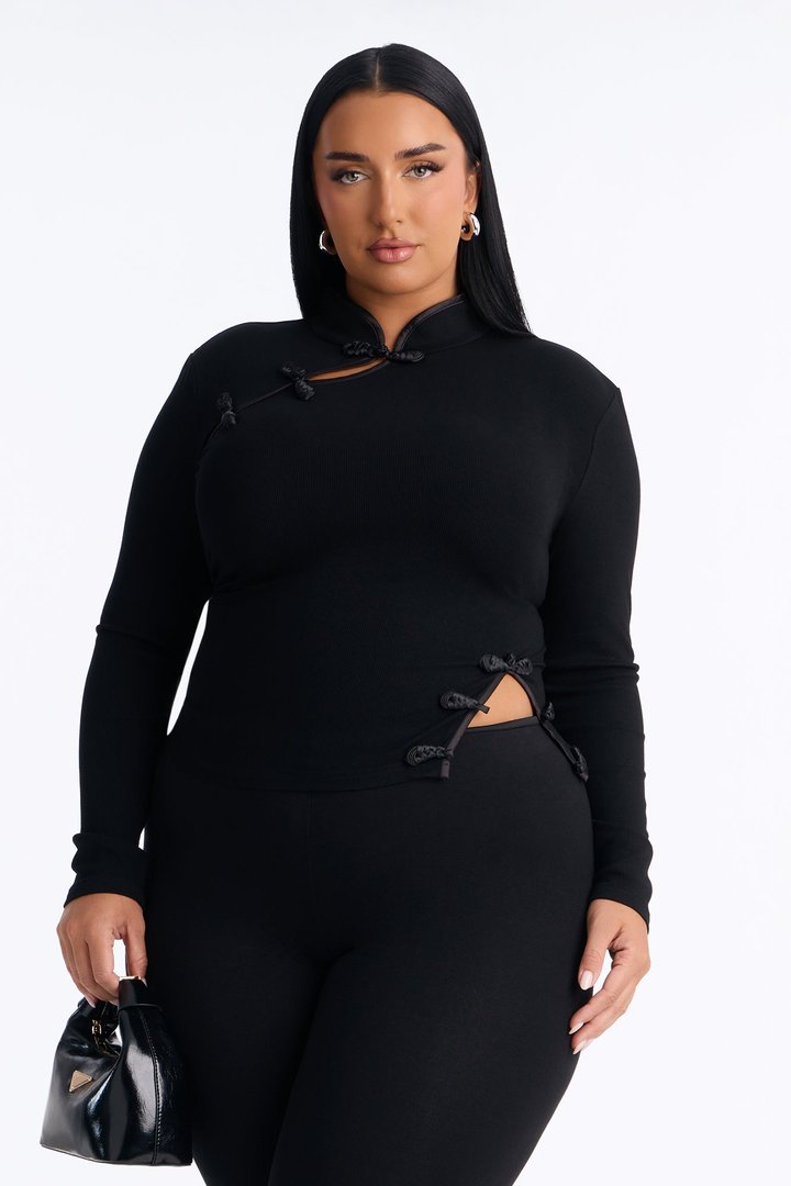 Luna Button Mock Neck Long Sleeve Top - Black