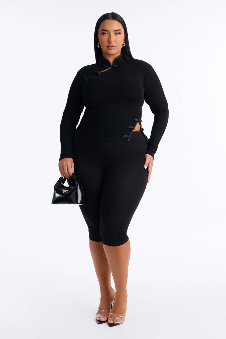 Luna Button Mock Neck Long Sleeve Top - Black