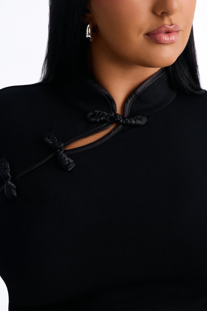 Luna Button Mock Neck Long Sleeve Top - Black