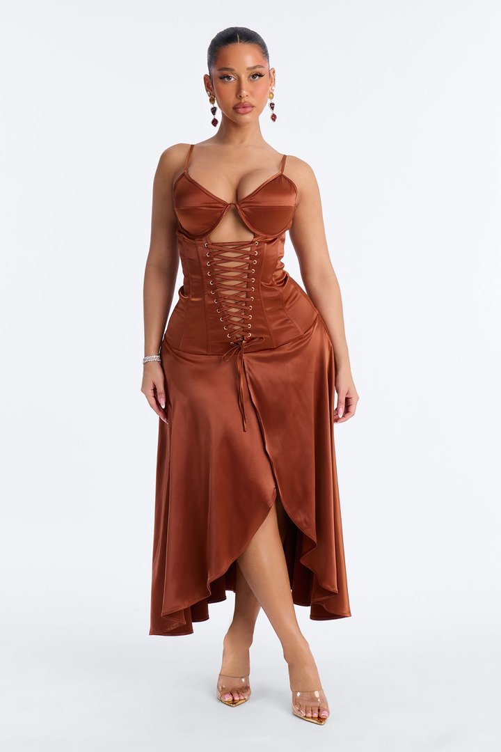 Owning The Room Satin Lace Up Midi Dress - Chocolate