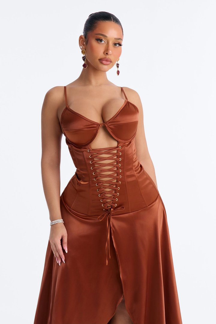 Owning The Room Satin Lace Up Midi Dress - Chocolate