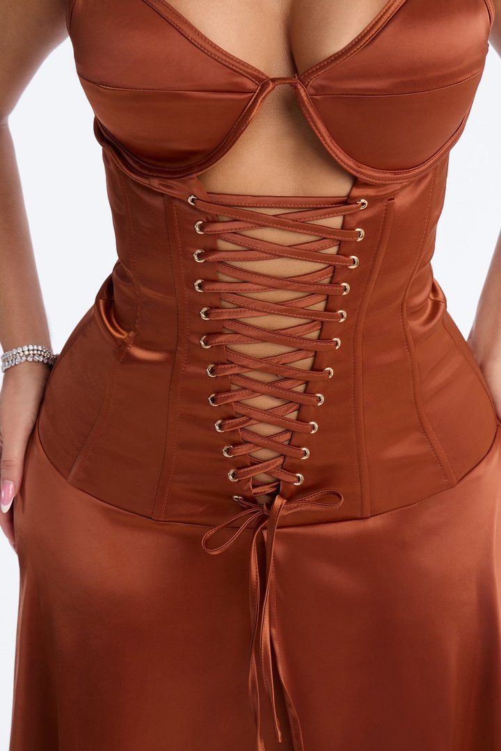 Owning The Room Satin Lace Up Midi Dress - Chocolate
