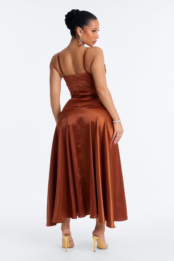 Owning The Room Satin Lace Up Midi Dress - Chocolate