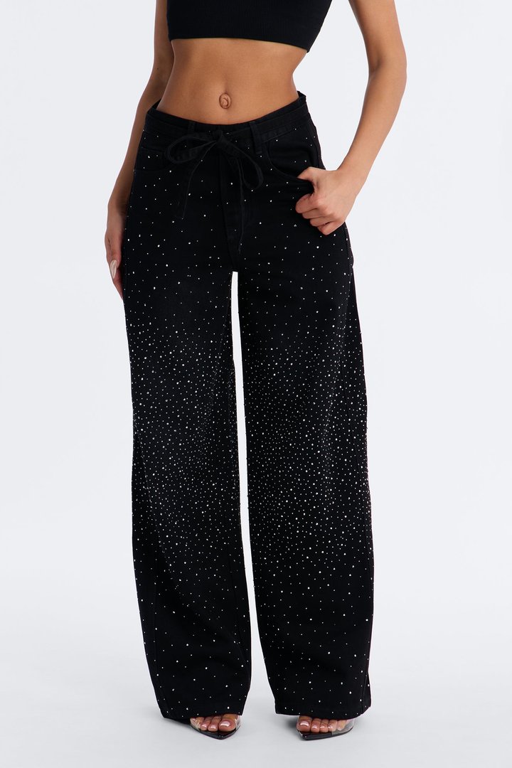 Shine The Brightest Embellished Rhinestones Tie Waist Wide Leg Jeans - Black