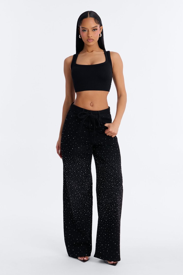 Shine The Brightest Embellished Rhinestones Tie Waist Wide Leg Jeans - Black