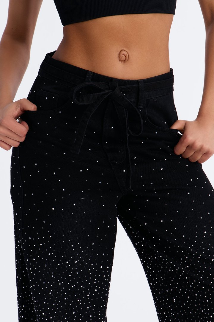 Shine The Brightest Embellished Rhinestones Tie Waist Wide Leg Jeans - Black