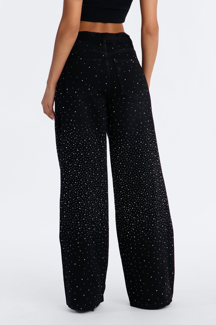 Shine The Brightest Embellished Rhinestones Tie Waist Wide Leg Jeans - Black