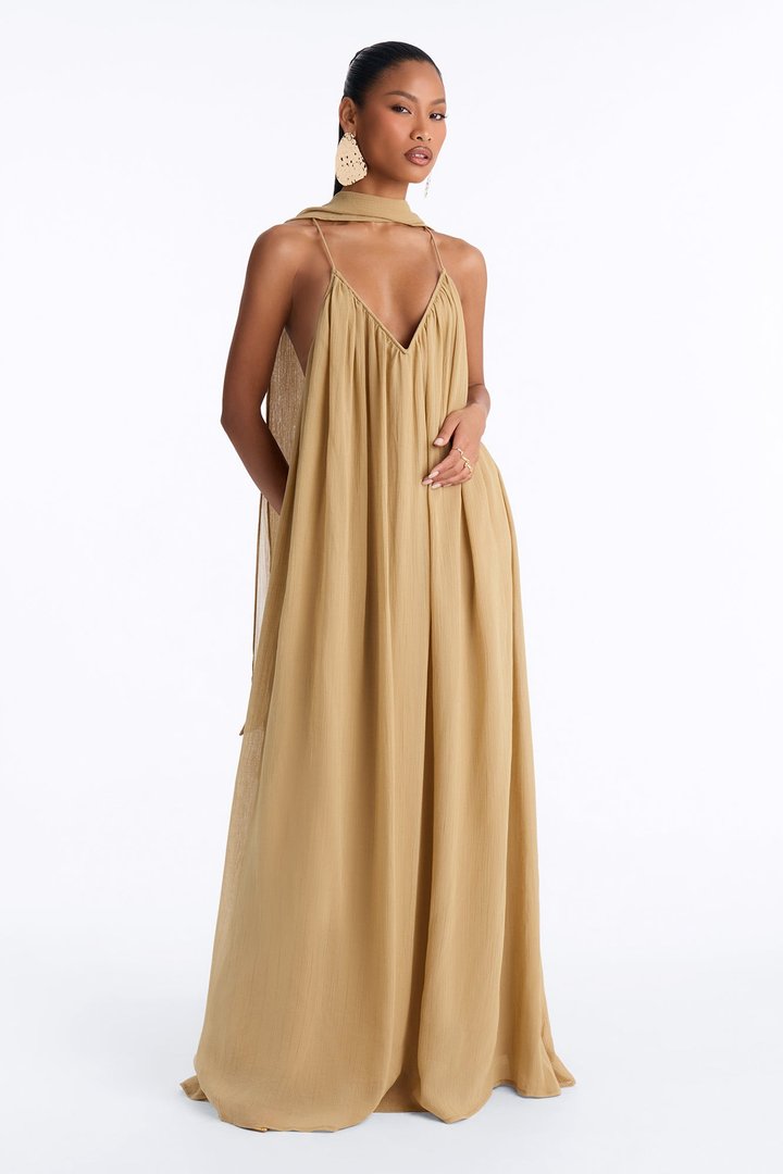 Elara Flowy Maxi Dress - Taupe