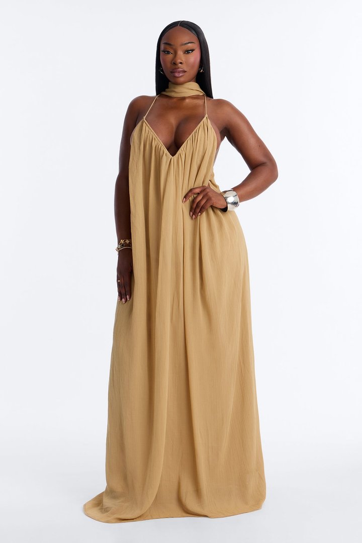 Elara Flowy Maxi Dress - Taupe