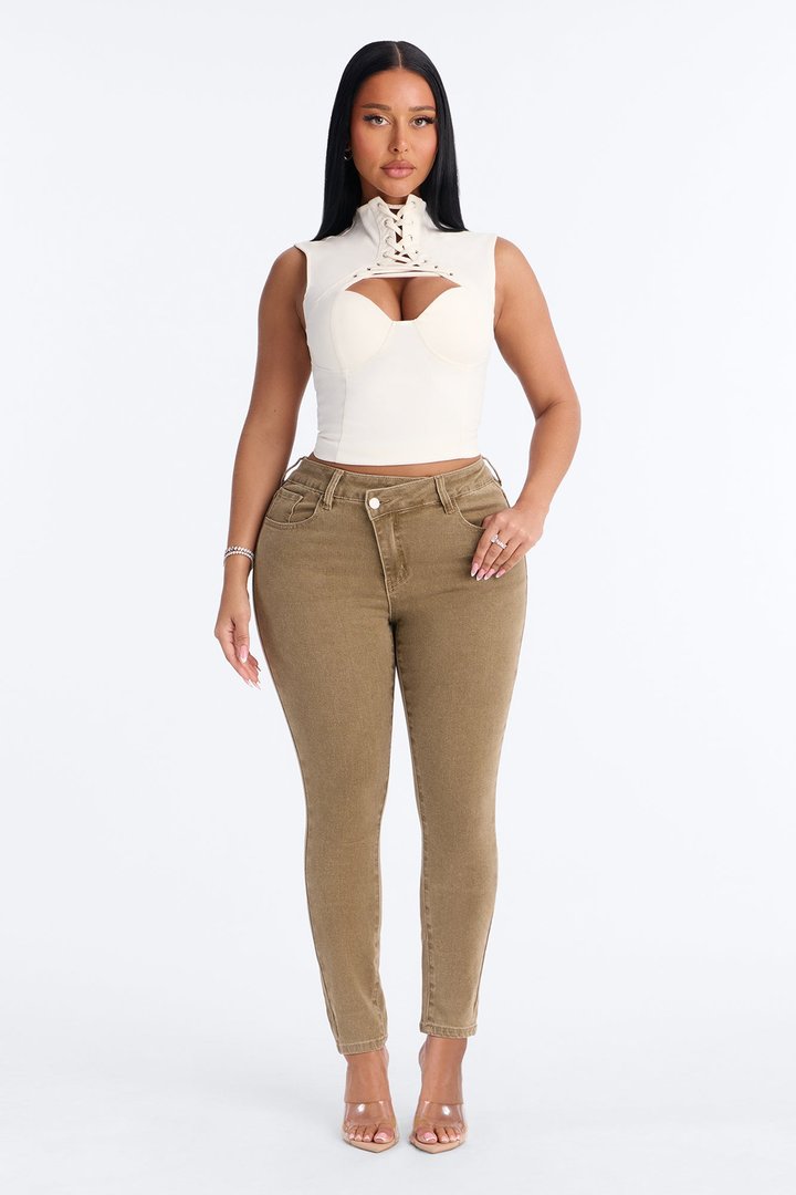 Olive You Forever Crossover Skinny Jeans - Olive
