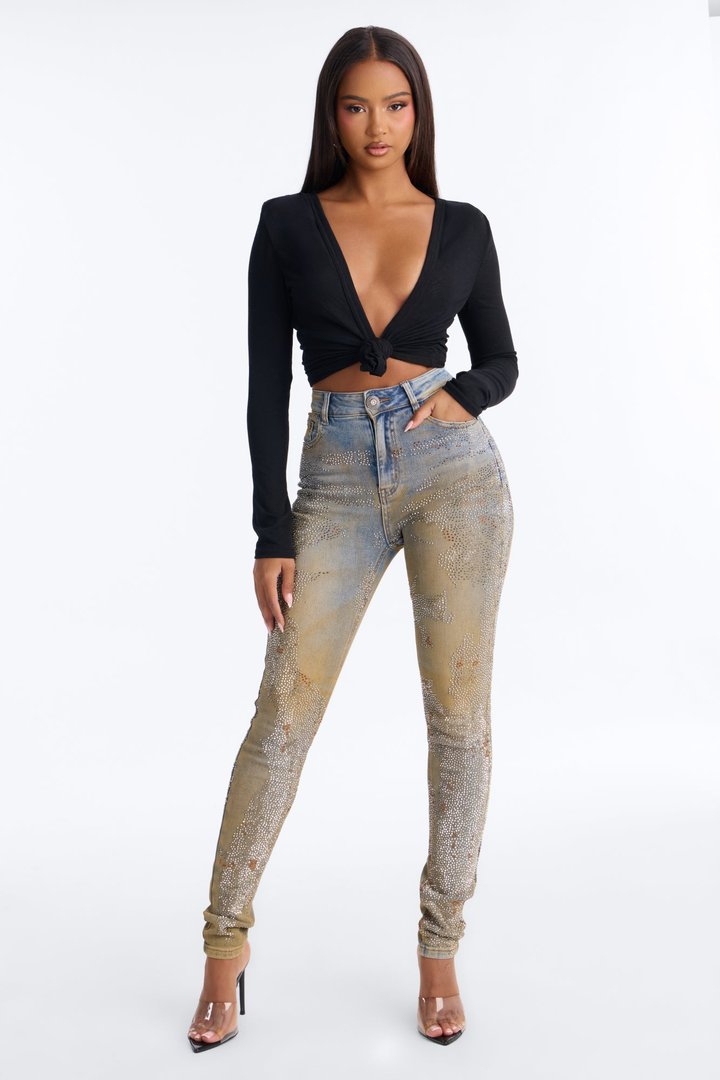 New York Nights High Rise Embellished Stretch Skinny Jeans - Vintage Wash