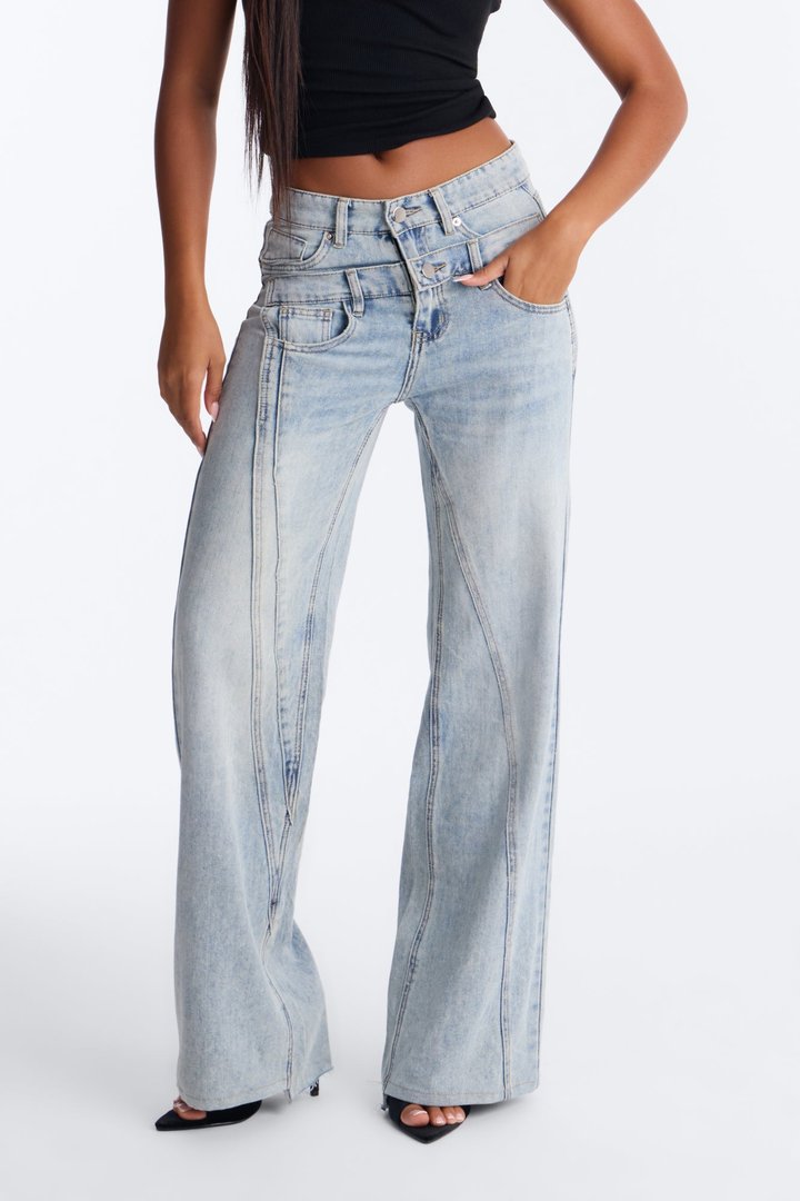 Take Me Away Double Waistband Straight Leg Jeans - Light Wash