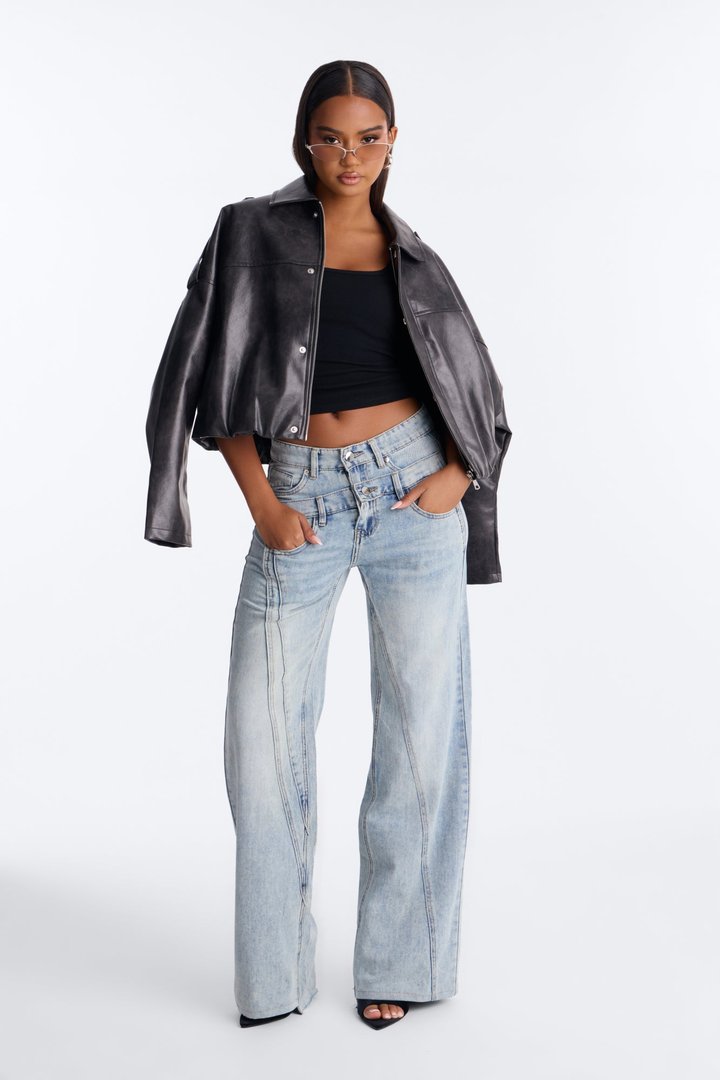 Take Me Away Double Waistband Straight Leg Jeans - Light Wash