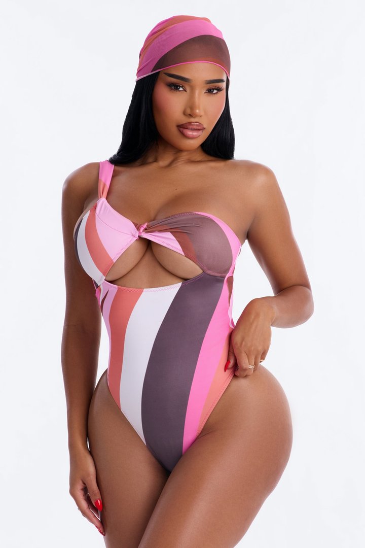 Mari Striped 1 Piece One Shoulder Swimsuit & Head Wrap Set - Pink/combo