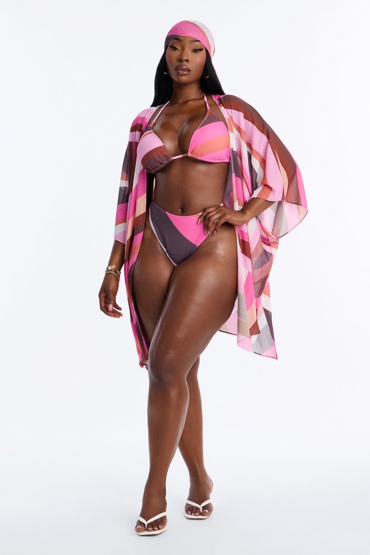 Sea Bliss Geometric Head Scarf 4 Piece Bikini Kimono Set - Pink/combo