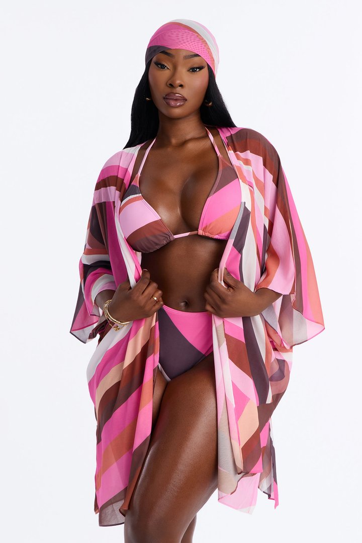 Sea Bliss Geometric Head Scarf 4 Piece Bikini Kimono Set - Pink/combo