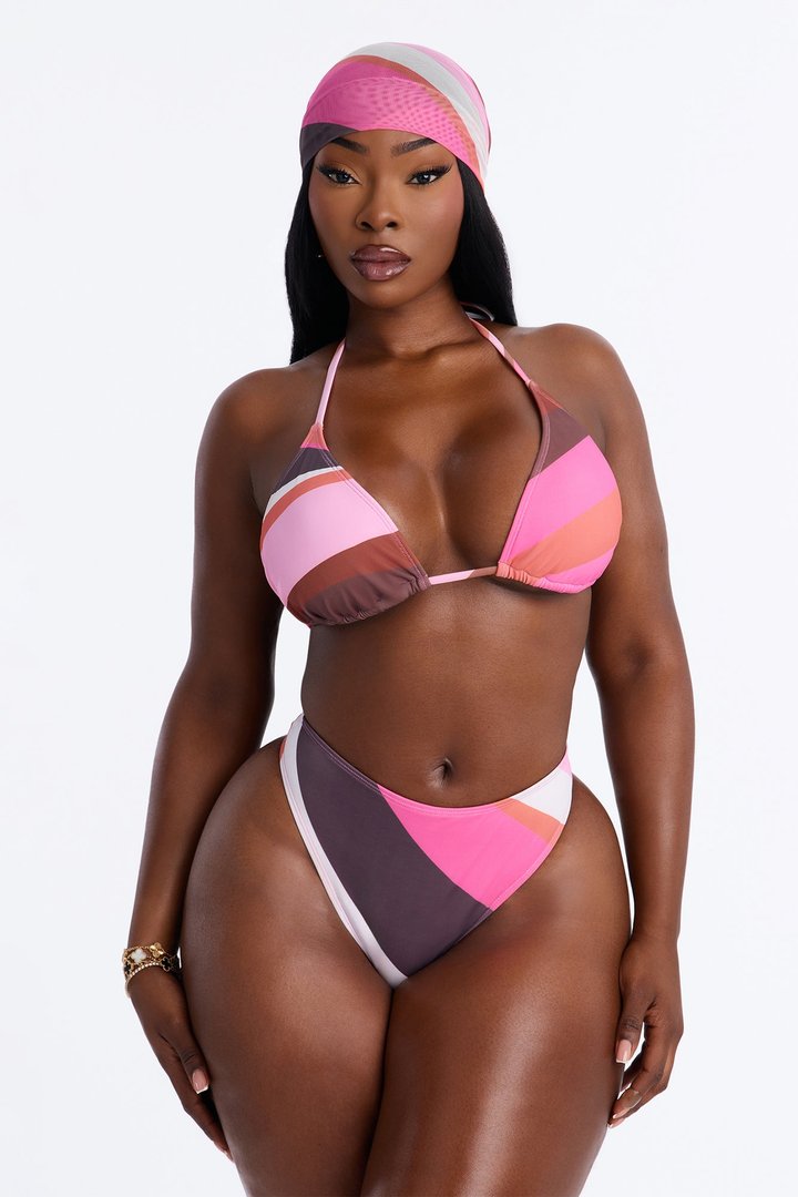 Sea Bliss Geometric Head Scarf 4 Piece Bikini Kimono Set - Pink/combo