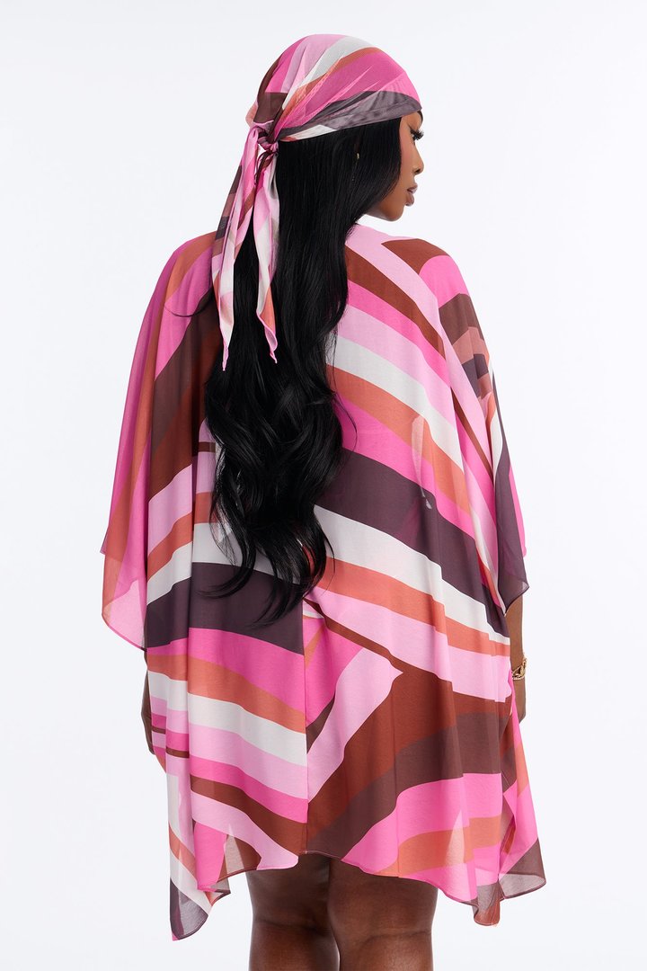 Sea Bliss Geometric Head Scarf 4 Piece Bikini Kimono Set - Pink/combo