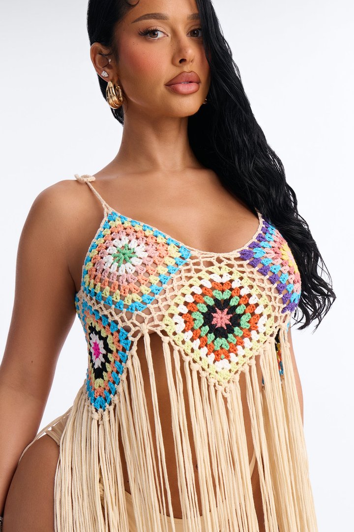 Indira Crochet Cover Up Fringe Dress - Tan/Multi
