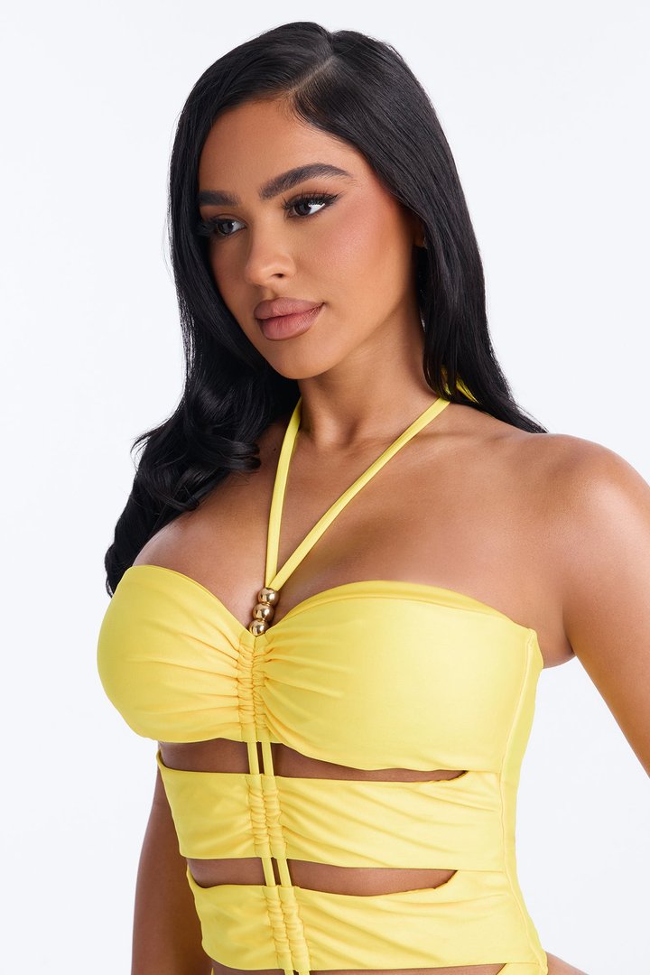 Lillia 1 Piece Ruched Cut Out Halter Swimsuit - Yellow
