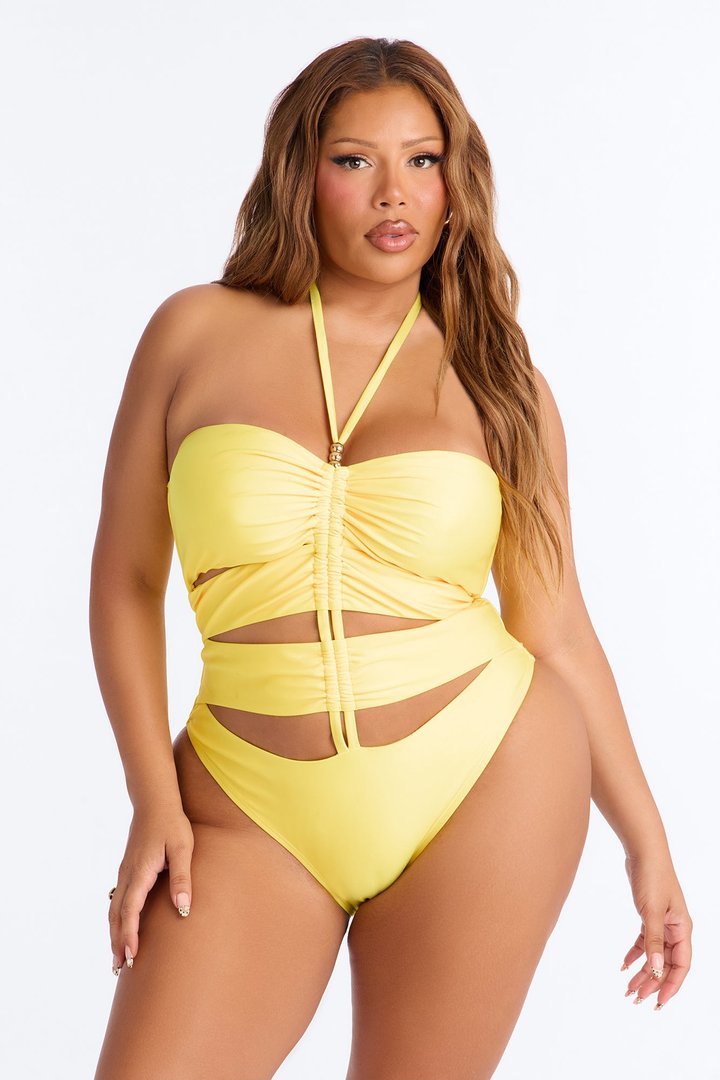 Lillia 1 Piece Ruched Cut Out Halter Swimsuit - Yellow