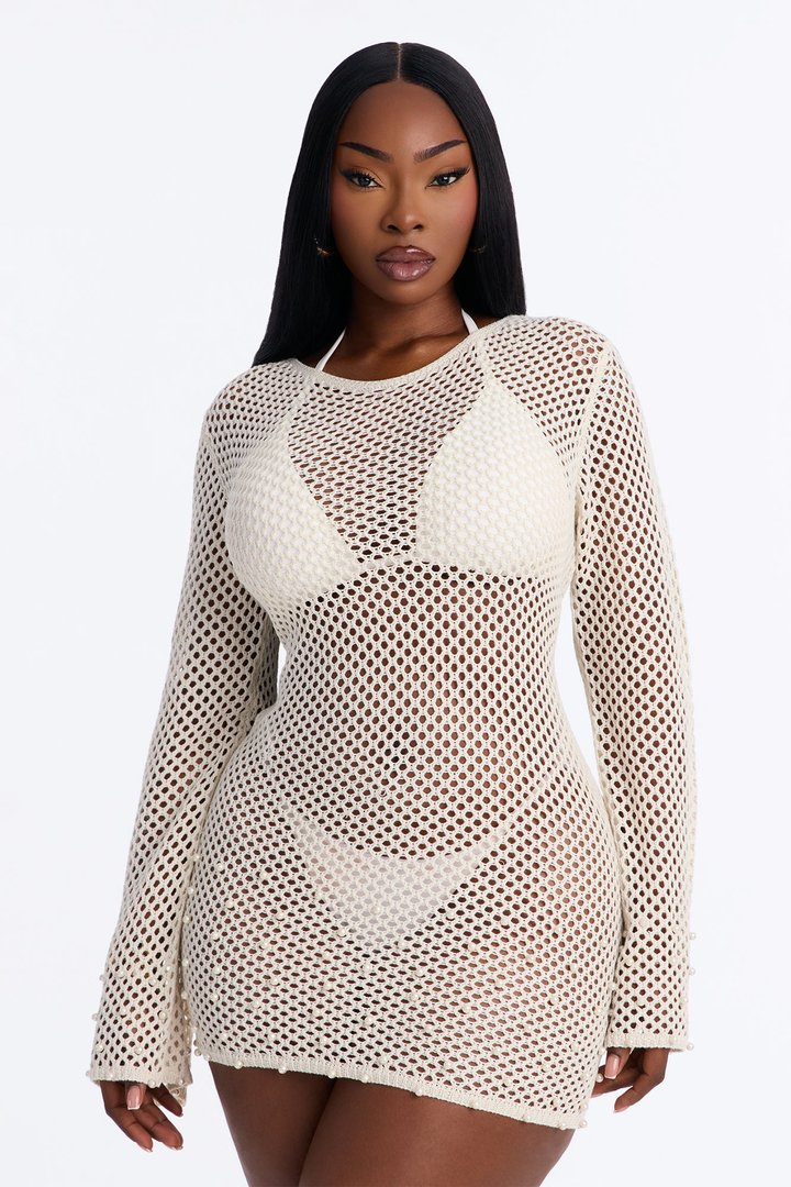 Adah Crochet Pearl Swim Cover Up Dress - Ivory